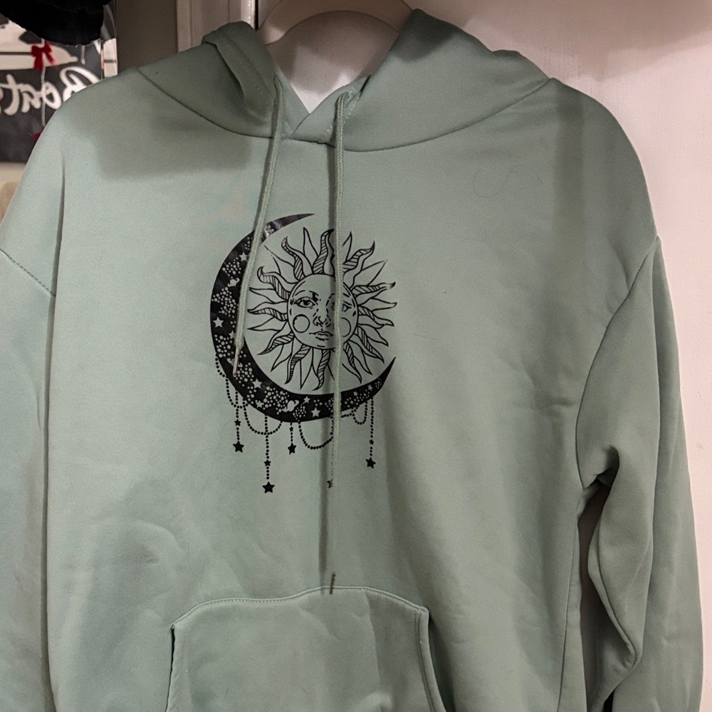 SHEIN Mint Green Hoodie with Sun and Moon Design